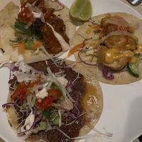 Smashed “beef” taco, popcorn “shrimp” taco and a seared “chicken” taco. Absolutely divine    at Vandal in Newtown