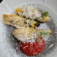 Stuffed zucchini flowers (3) $21: cheese was ok, decent amount but not much taste, lovely tempura coating
 at Vandal in Newtown