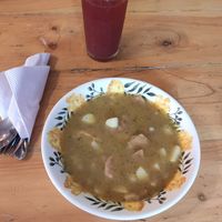 Sopa de platano y jugo at Madreselva in Bogota