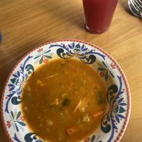 Soup and juice from menu del día. The juice was not great. Too watery and needed a touch of sugar  at Madreselva in Bogota