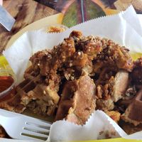 Chicken(Peanut butter encrusted tofu)and waffles at Annie O Loves in Charleston