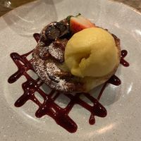 Salted caramel banana tarte tatin with mango sorbet  at The Royal Hotel in Kirkby Lonsdale