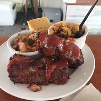 Rib plate with cornbread, yams and Mac   at Sunshine Vegan Eats in Buffalo