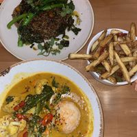 Laska curry, butternut squash and baba ganoush, and salt and pepper fries   at Shrub in Chester