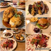 Cauli bites, tacos, sweet and sour beetroot and the house burger 🍔👌🌱 at Shrub in Chester