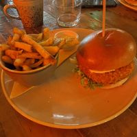 Crispy Seitan burger with salt and pepper fries  at Shrub in Chester