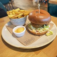 Seitan burger with a serving of fries and sriracha mayo. The seitan was wonderful — tender and crispy at the same time and with a great flavour    at Shrub in Chester