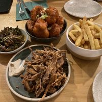 Kalettes, cauliflower, chips, and calamari  at Shrub in Chester