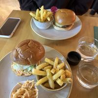 House burger above and kimchi burger at the bottom   at Shrub in Chester