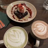 Dessert - Matcha latte and hot chocolate. Brownie 😍 at Shrub in Chester