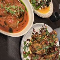 Broccoli meatballs and onion bhaji   at Shrub in Chester