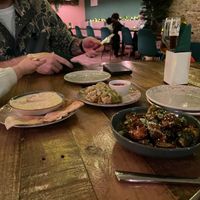 hummus, crispy sprouts and vegetable gyoza  at Shrub in Chester