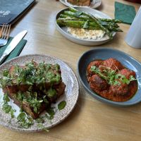 Potato terrine (so good!), meatballs, asparagus  at Shrub in Chester