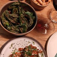 Potato terrine, padron peppers, teriyaki tofu, onion bhajis at Shrub in Chester