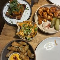 Top left potato terrine (husbands favourite), top right artichoke wings (my favourite),   middle teriyaki tofu, bottom frickles. Everything was delicious and freshly cooked.  at Shrub in Chester