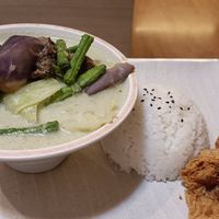 Green curry with rice with alot of veg. The curry is not the thick style but watery at Red Apple Veggie Cafe 红苹果素食 - Fortune Centre in Central Singapore