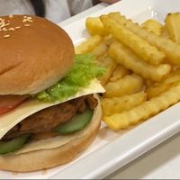 Burger and fries  at Red Apple Veggie Cafe 红苹果素食 - Fortune Centre in Central Singapore