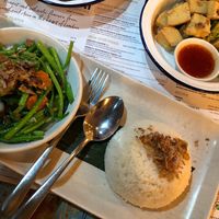 Spinach, mushroom and tempe stir fry with salt & pepper tofu at Ekachai in North London