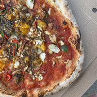 pizza 1 with chillies, mushrooms and tomatoes at Franco Manca in Cambridge