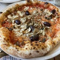 Vegan adaptation of pizza number five, with mushrooms instead of anchovies at Franco Manca in Cambridge