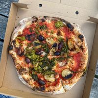tomato, olive, italian broccoli and potato vegan special at Franco Manca in Cambridge
