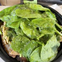 Vegan Bowl w/ yellow rice, black beans, sweet plantains, spinach (as you can see 😂), chimichurri sauce and vegan “meat."  at Rum Cake Lady in Blue Ridge