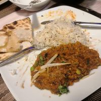 Aubergine mattar curry with vegan cheese nan at Saffron Mantra Indian in Carvoeiro