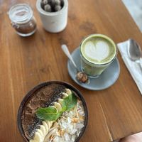 Salted caramel smoothie bowl (vegan and gf), matcha latte dairy-free milk  at Nourish in Ungasan