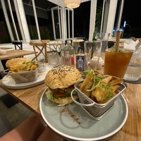 Vegan burger with a plant based patty and cashew cheese  at Nourish in Ungasan