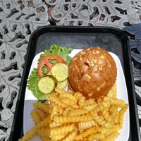 Vegan burger with fries at Statue of Liberty Crown Cafe in New York City