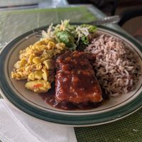Ackee, sweet and sour tofu, lentil rice, salad at The Healthy Way in Ocho Rios