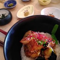 Nasumiso Don with the different garnish in the background at Kounosuke in Utrecht