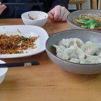 Fried noodles, Dumplings and mushrooms and noodles in broth (all vegan). We'd already started eating the fried noodles here so portion was bigger than this!  at Qibao Temple in Shanghai