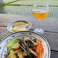 Vegan scallion noodles + vegan wanton soup + oolong and gin tea  at Sista the Dumpling Shack in Kuta