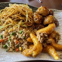 Vegan fried rice, chow mein, orange nuggets, and glazed shrimp! So good!  at Sunny Express Mexican Chinese in Compton