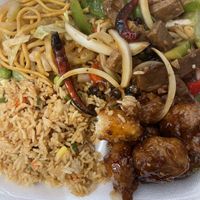 Vegan chow mein, fried rice, peppered steak, and orange nuggets.  at Sunny Express Mexican Chinese in Compton