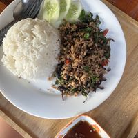 Fake meat with rice   at Mina Hostel in Thakhek