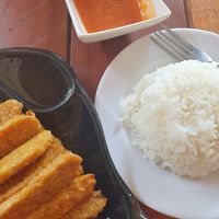 Fried tempeh (rice was ordered extra) at Mina Hostel in Thakhek