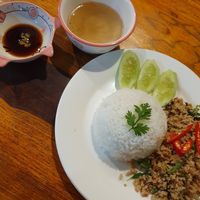 Kaprao protein and rice spicy at Mina Hostel in Thakhek