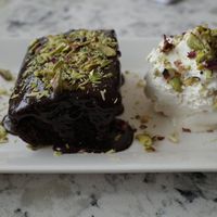 Home made vegan chocolate and pistachio cake at Mango Vegetarian in Wetherby