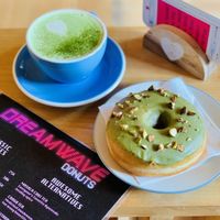 pistachio & basil donut + matcha latte with coconut milk 🍵 at Dreamwave Donuts in Canggu