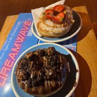 Chocolate brownie and peanut butter and jelly donuts  at Dreamwave Donuts in Canggu