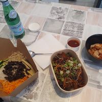 Left: bibimbap, middle: soy bulgogi bowl, right: kimchi at De Patchka in Amsterdam