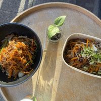 (Top) tempeh japchae and (bottom) beefy bulgogi   at De Patchka in Amsterdam