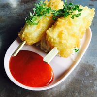 Tofu skewers with chili sauce at Yong Green Food in Fitzroy