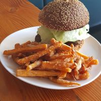 Vegan burger with sweet potato fries at Yong Green Food in Fitzroy