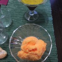 Crema de chocolate y mango y Helado de mandarina at La Olivera in Nueno