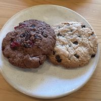 One of each cookie. The chocolate had berries and was so tasty! The Choco chip had coconut. Nom!  #Veganuary at NICE in Fukuoka