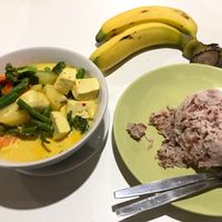 Thai grren curry with brown rice (bananas are not included)  at Secret Place Hotel in Koh Phangan