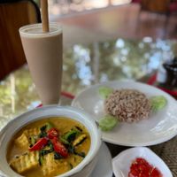 PB choco smoothie and amok curry  at Peace Cafe in Siem Reap
